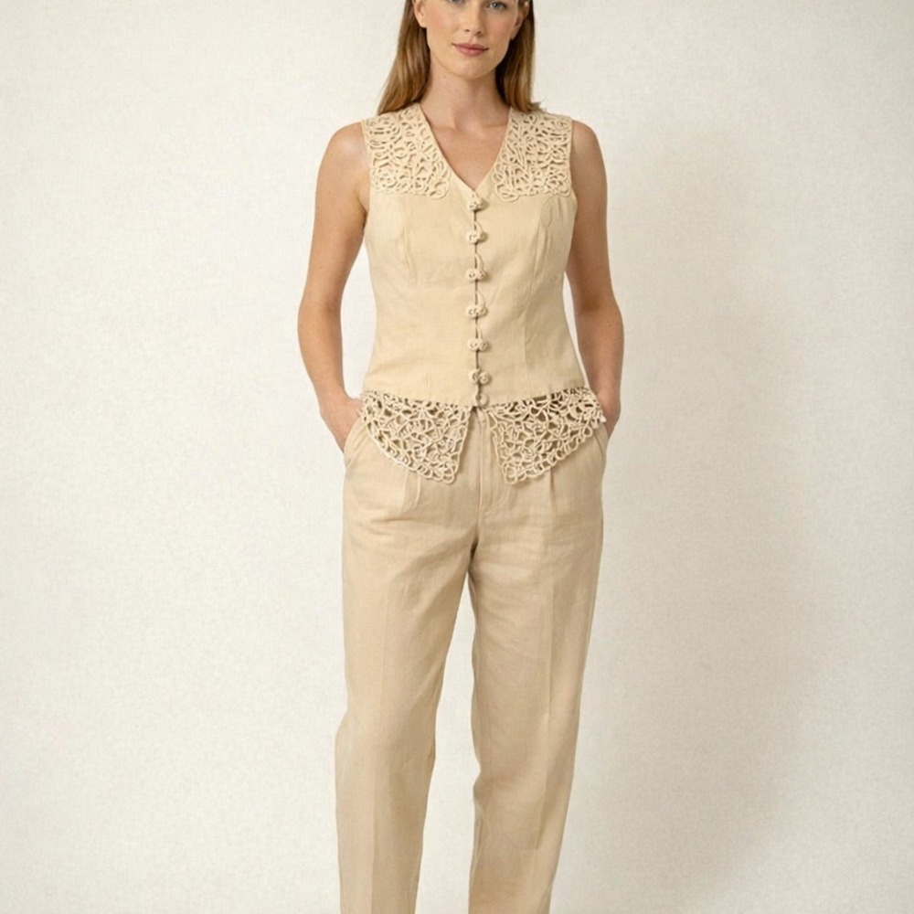 Vintage Y2K Appraisal Women's Vest Pants Set Size 6 Yellow‎ Linen Blend Spring